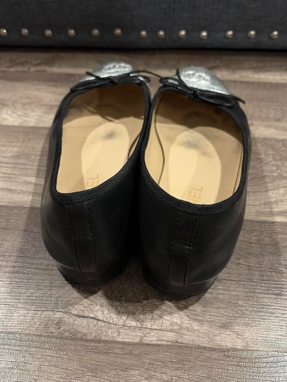 Chanel Black And Silver Leather CC Cap Toe Ballet Flats - Picture 5 of 8